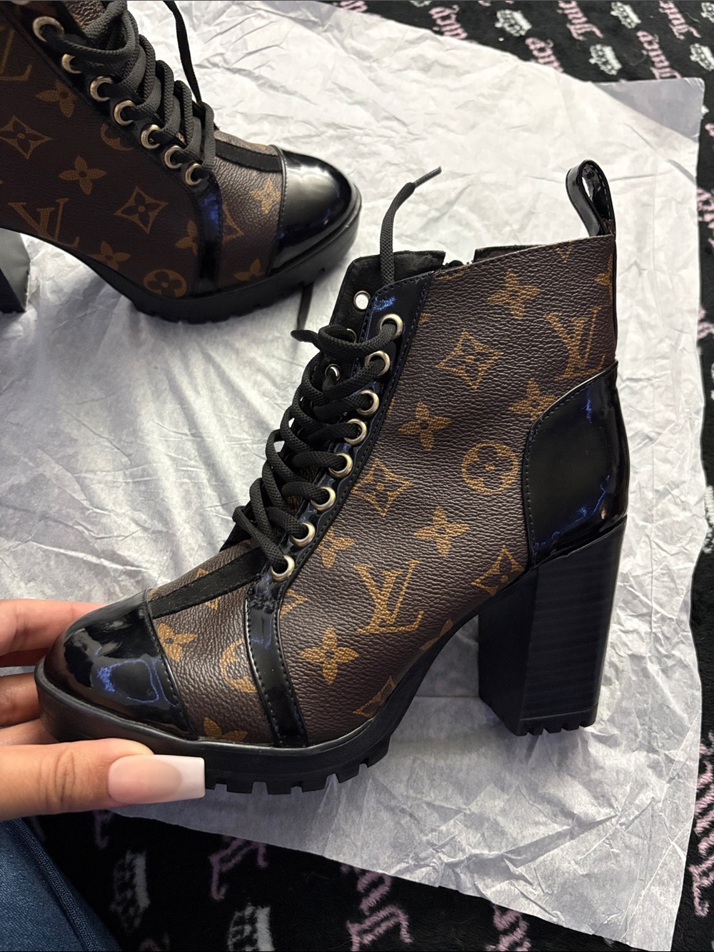 LV Brown Monogram Lace-Up Patent Trim Block Heel Boots